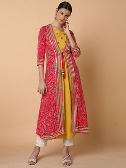 SHOWOFF - Women's Mustard Solid Anarkali Kurta with Jacket (Set of 2)