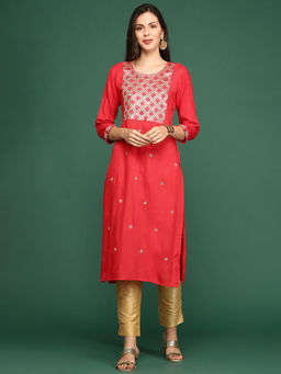 SHOWOFF - Women's Red Embellished Straight Kurta
