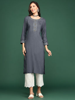 SHOWOFF - Women's Grey Solid Straight Kurta