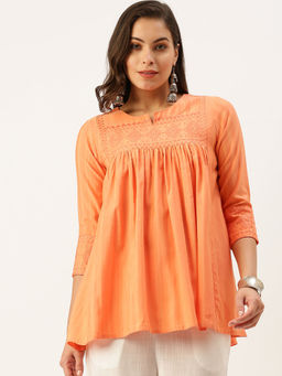 SHOWOFFFF - Women's Round Neck Orange A-Line Solid Kurti