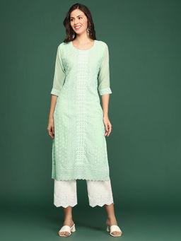 SHOWOFF - Women's Sea Green Embroidered Straight Kurta