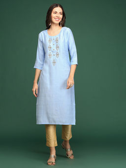 SHOWOFF - Women's Blue Embellished Straight Kurta