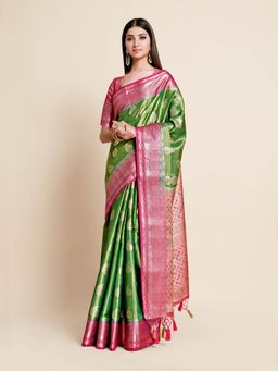 Mimosa - Women Traditional Ussi Kanjivaram Art Silk Green Saree with Unstitched Blouse