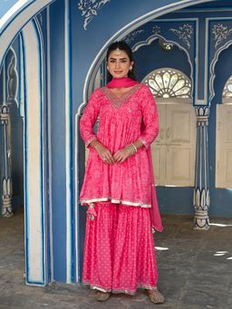 Mahee Jaipur - Pink Rubab Muslin Kurta & Sharara with Dupatta (Set of 3)