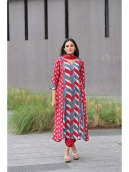 Mahee Jaipur - Red And Grey Waves Anarkali Muslin Kurta with Palazzo & Dupatta (Set of 3)