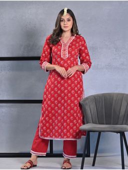 Mahee Jaipur - Red Mogra Hand block Mul Cotton Kurta & Pant (Set of 2)
