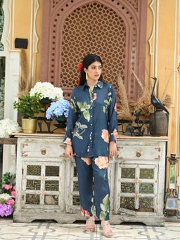 Mahee Jaipur - Brush Floral Print Blue Co-Ord (Set of 2)