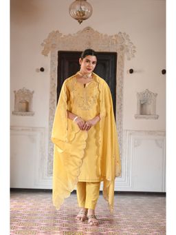 Mahee Jaipur - Yellow Saiba Chanderi Kurta & Pant with Dupatta (Set of 3)