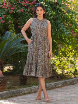 Janasya - Women's Pure Cotton Paisley Printed A-Line Dress