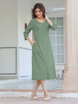 Janasya - Women's Green Cotton Solid Straight Dress