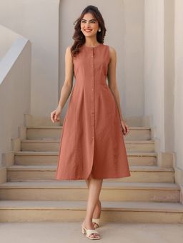 Janasya - Women's Rust Cotton Solid A-Line Dress