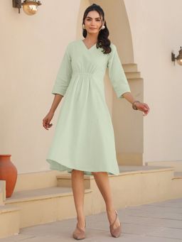 Janasya - Women's Mint Green Cotton Solid A-Line Dress