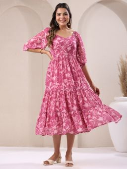 Janasya - Women's Pink Georgette Floral Printed Tiered Dress