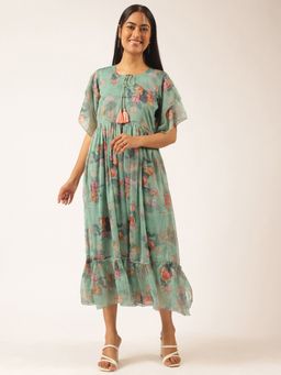 Vbuyz - Women's Aqua Green Floral Printed Anarkali Georgette Stitched Dress