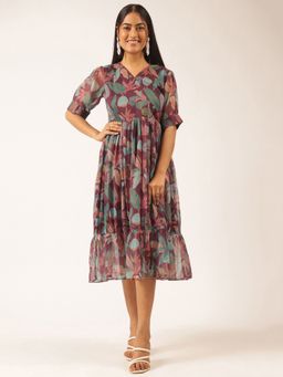 Vbuyz - Women's Purple Floral Printed Flared Chiffon Stitched Dress