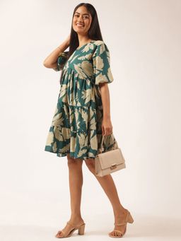 Vbuyz - Women's Teal Floral Printed Alia Cut Cotton Stitched Dress