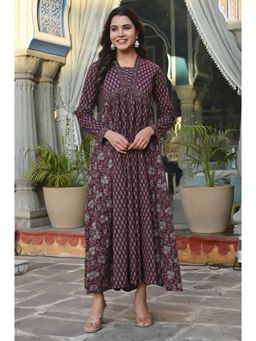 Vbuyz - Women's Wine Floral Printed Anarkali Cotton Stitched Dress