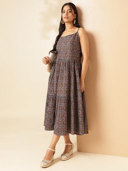 Vbuyz - Women's Black Printed Flared Cotton Stitched Dress