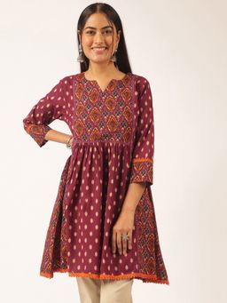Vbuyz - Women's Pink Ikat Flared Cotton Stitched Tunic