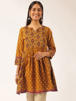 Vbuyz - Women's Mustard Ikat Flared Cotton Stitched Tunic
