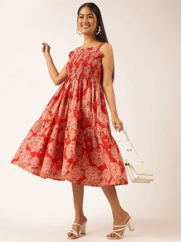 Vbuyz - Women's Red Floral Printed Flared Cotton Stitched Dress