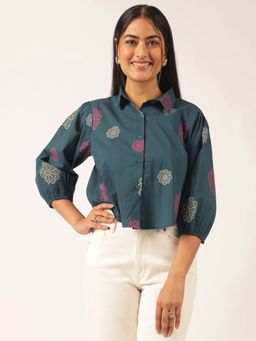 Vbuyz - Women's Royal Blue Floral Printed Stitched Shirt
