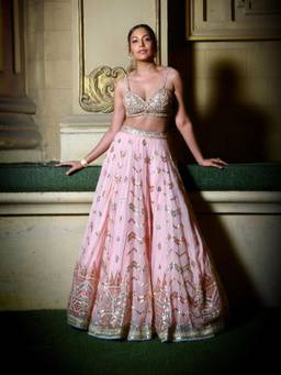 Gopi Vaid - Pink Lehenga with Bralette and Cape