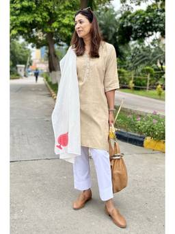 Raas By Ekta - Beige Khadi Spade Kurta with Pant and Scarf