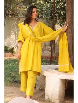 Raas By Ekta - Canary Yellow Kurta with Pant and Dupatta