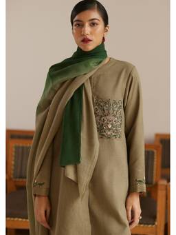 Raas By Ekta - Olive Peach Bell Flower Co-ord Set with Scarf