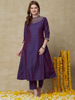 FASHOR - Printed Embroidered Kurta with Pants Purple (Set of 2)