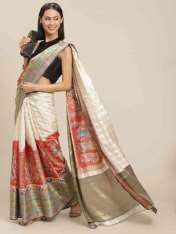 Silk Land - Checks Woven Silk Saree with Unstiched Blouse Piece Off White with Unstitched