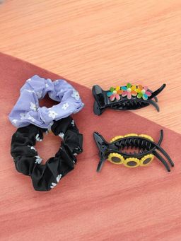 Yellow Bee - Floral Scrunchies and Colorful Flower & Sunflower Hair Clutcher- Pack of 4