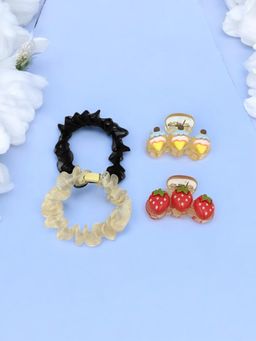 Yellow Bee - Elegant Scrunchies and Fun Fruit & Ice Cream Theme Hair Clutcher - Pack of 4, Multi-Color