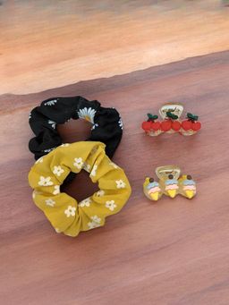 Yellow Bee - Charming Floral Scrunchies and Hair Clutcher- Pack of 4, Multi-Color