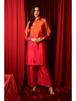 LAALZARI - Orange Pink Ombre Collar Neck Straight Co-Ord (Set of 2)