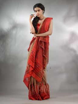 CHARUKRITI - Beige Cotton Silk Handwoven Saree with Ikkat Pattern & Unstitched Blouse