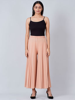 First Resort by Ramola Bachchan - Sienna Beige Wide Leg Pleated Palazzo