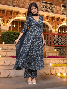 Gahan - Womens Navy Blue Viscose Rayon Anarkali Printed Kurta with Pant & Dupatta