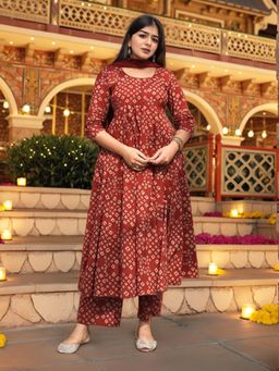 Gahan - Womens Red Viscose Rayon Anarkali Printed Kurta with Pant & Dupatta