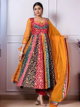 Gahan - Womens Multi-Color Viscose Rayon Anarkali Printed Kurta with Pant & Dupatta