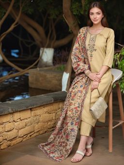 Gahan - Womens Beige Viscose Rayon Straight Yoke Embroidered Kurta with Pant & Dupatta