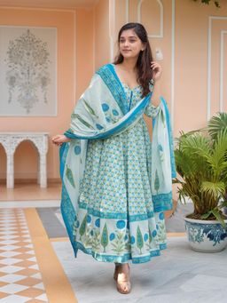 Gahan - Womens Blue Viscose Rayon Anarkali Printed Kurta with Pant & Dupatta