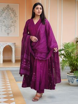 Gahan - Womens Purple Viscose Rayon Anarkali Printed Kurta with Pant & Dupatta