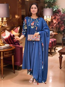 Gahan - Womens Blue Viscose Rayon Straight Printed Kurta with Pant & Dupatta