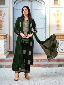 Gahan - Womens Green Viscose Rayon Straight Printed Kurta with Pant & Dupatta