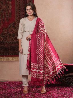 Gahan - Womens Beige Viscose Rayon Straight Embroidered Kurta with Pant & Dupatta