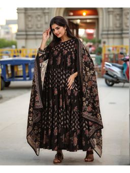 Gahan - Womens Black Viscose Rayon Anarkali Printed Kurta with Pant & Dupatta