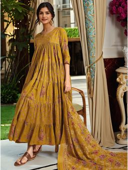 Gahan - Womens Mustard Viscose Rayon Anarkali Printed Kurta with Pant & Dupatta