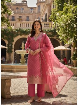 Gahan - Womens Pink Embroidered Kurta with Pant & Dupatta